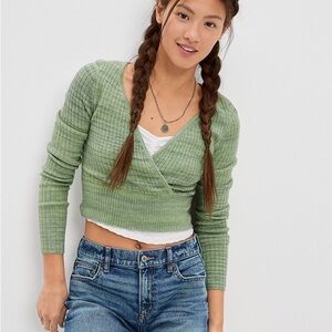 American Eagle Deep V Soft Ribbed Knit Wrap Cropped Sweater - Medium in Green